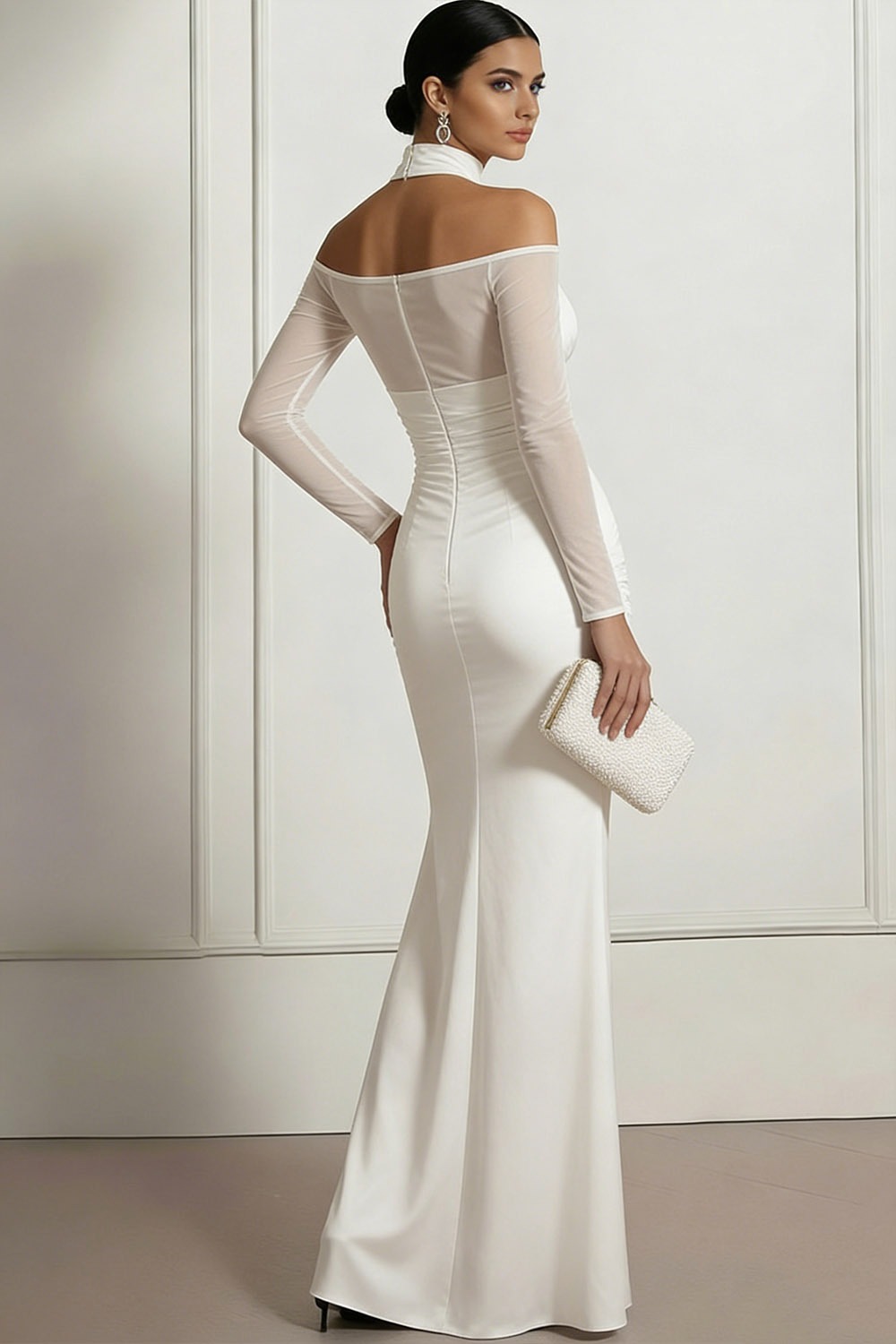 White Formal Evening Dress Mermaid Cold Shoulder Ruched Chiffon Maxi Dress