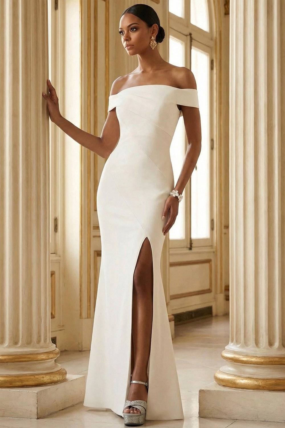 White Formal Dress Mermaid Off the Shoulder Maxi Dress with Slit