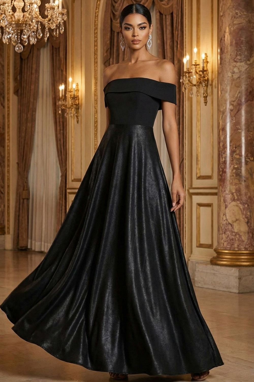 Black Formal Evening Dress A-Line Off the Shoulder Maxi Dress