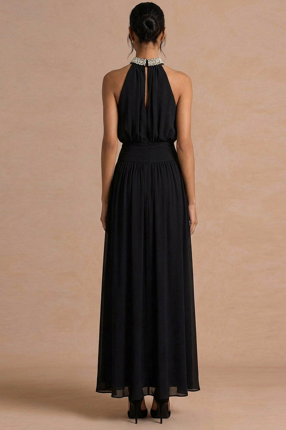 Black Formal Evening Dress A-Line Halter Sleeveless Beaded Maxi Dress