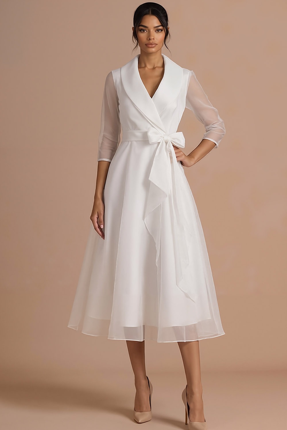 Burgundy Formal Evening Dress A-Line Lapel Long Sleeve Midi Dress