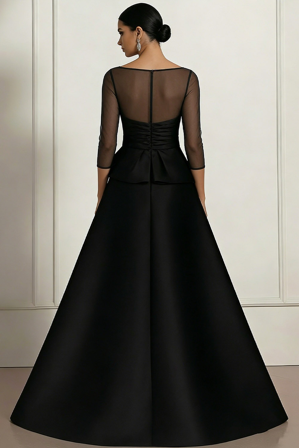 Black Formal Evening Dress A-Line Illusion Neck Ruffle Satin Maxi Dress