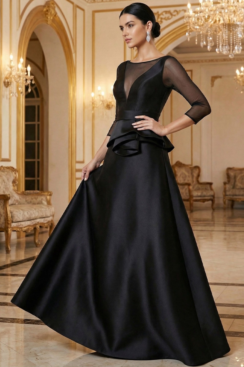 Black Formal Evening Dress A-Line Illusion Neck Ruffle Satin Maxi Dress