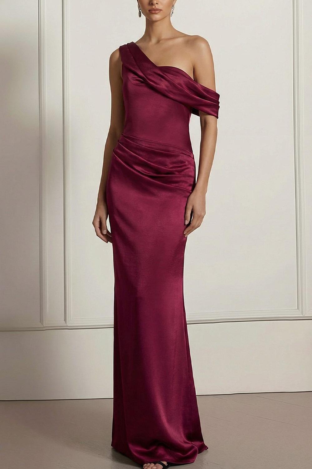 Burgundy Formal Evening Dress Off the Shoulder Ruched Satin Maxi Dress