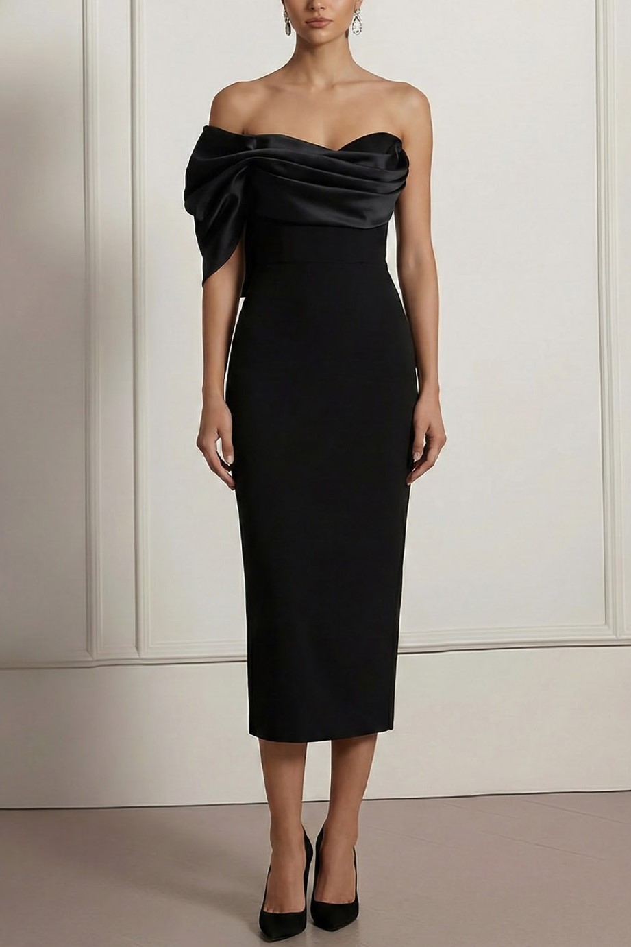Black Formal Evening Dress Sheath Asymmetrical Neck Satin Midi Dress