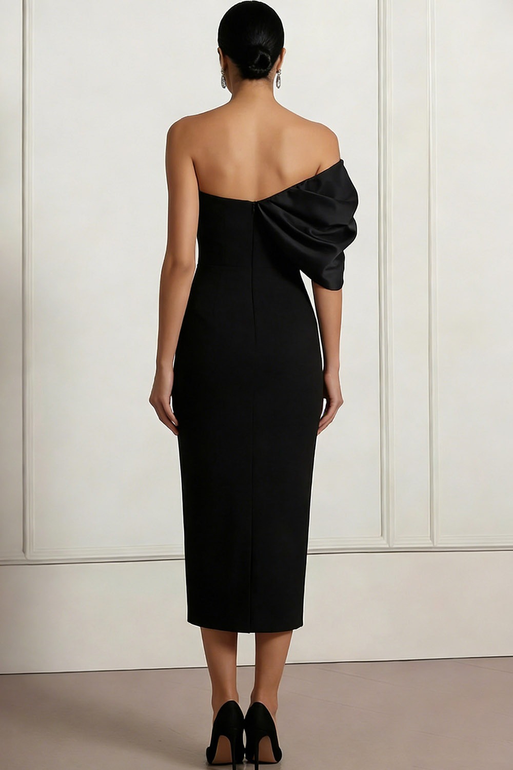 Black Formal Evening Dress Sheath Asymmetrical Neck Satin Midi Dress
