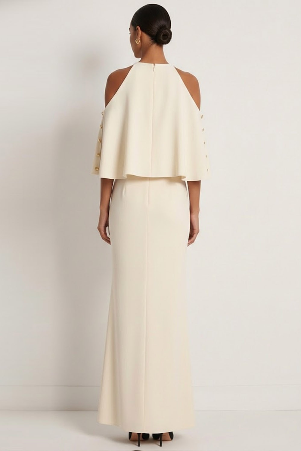 White Formal Dress Sheath One Shoulder Chiffon Maxi Dress with Cape