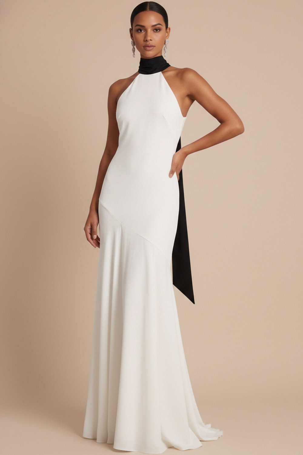 White Formal Evening Dress Mermaid Halter Chiffon Maxi Dress with Scarf