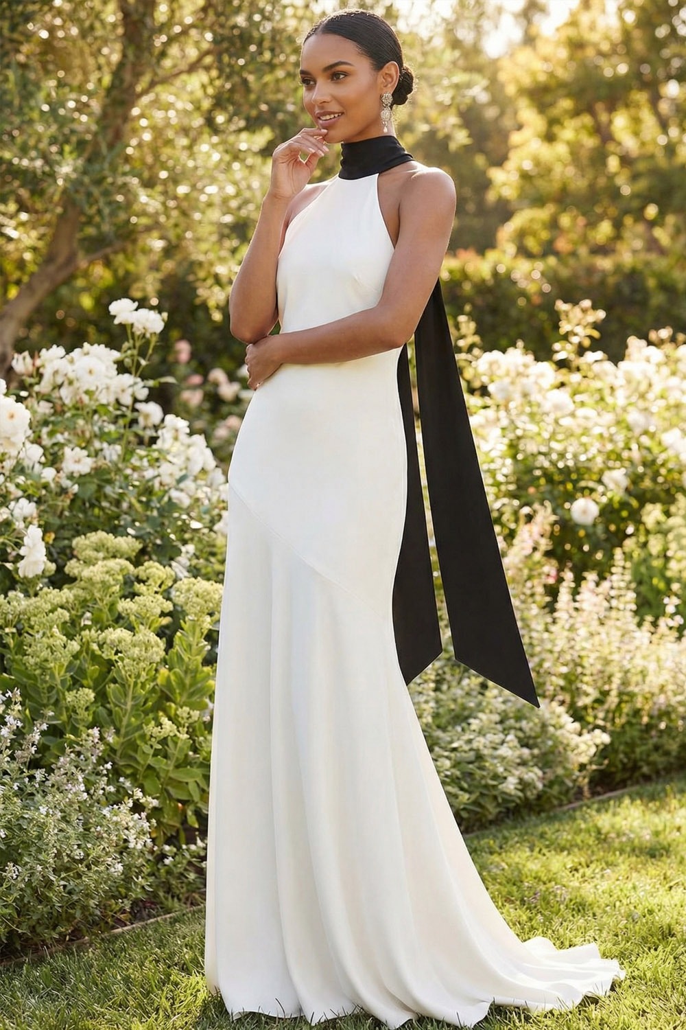 White Formal Evening Dress Mermaid Halter Chiffon Maxi Dress with Scarf