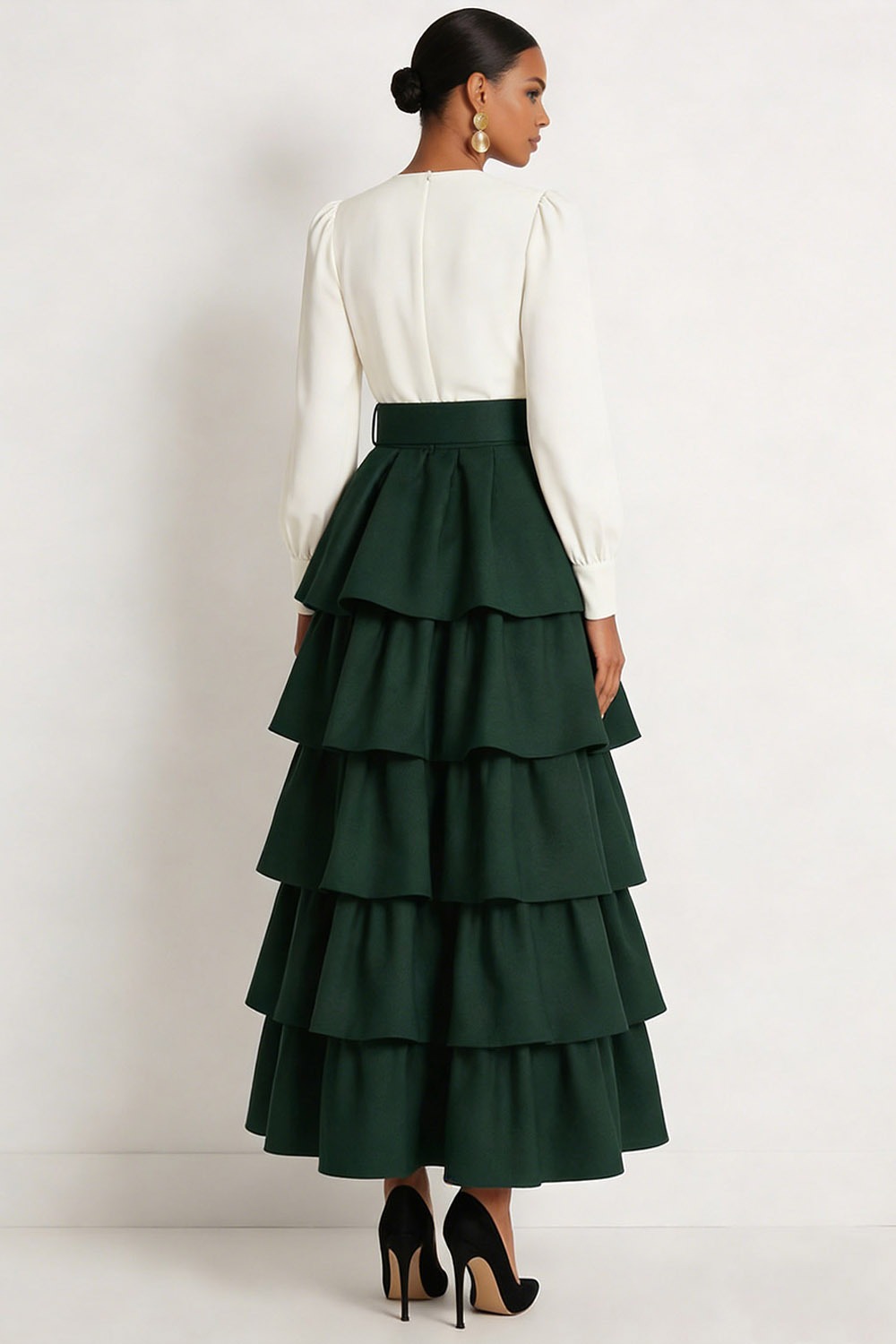 Dark Green Formal Evening Dress A-Line V-Neck Tiered Maxi Dress