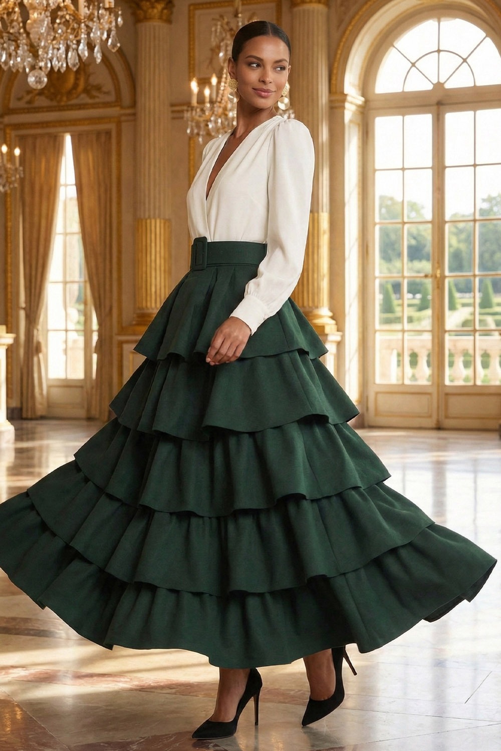 Dark Green Formal Evening Dress A-Line V-Neck Tiered Maxi Dress