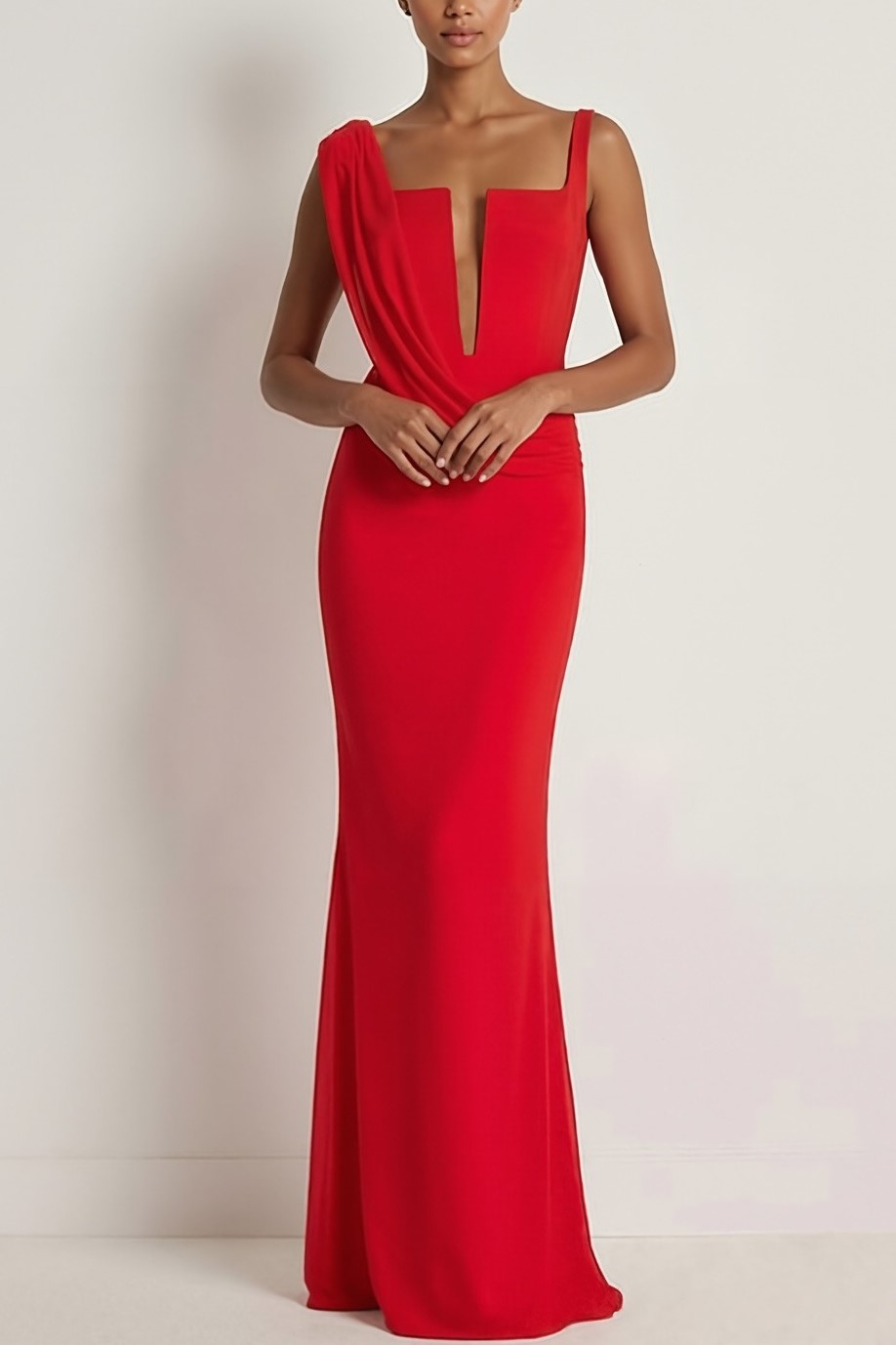 Red Formal Evening Dress Square Neck Maxi Dress with Slit