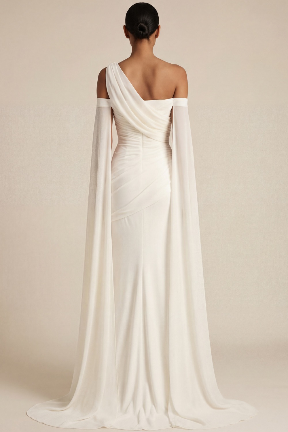 White Formal Dress Mermaid One Shoulder Chiffon Maxi Dress with Cape