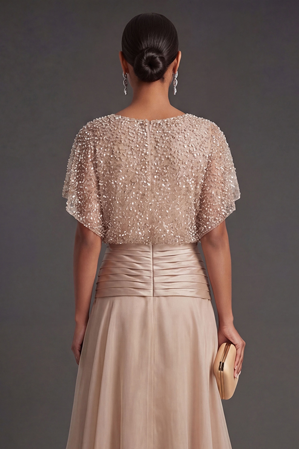 Champagne Sparkly Beaded A Line Ruffled Round Neck Long Formal Dress
