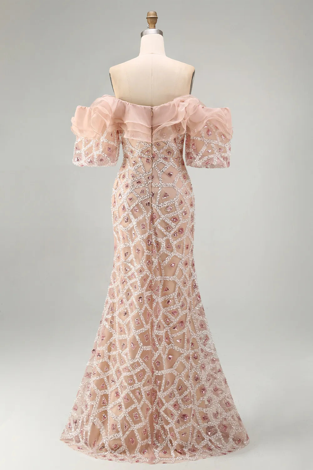 Sparkly Champagne Sequins Mermaid with Ruffles Maxi Dress