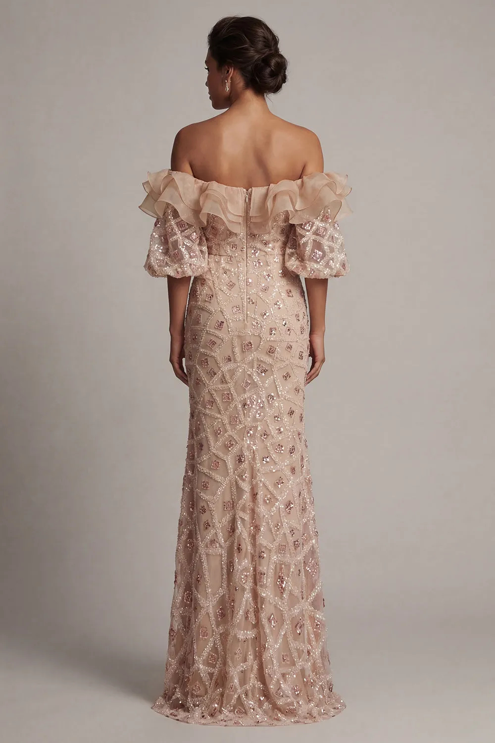 Sparkly Champagne Sequins Mermaid with Ruffles Maxi Dress