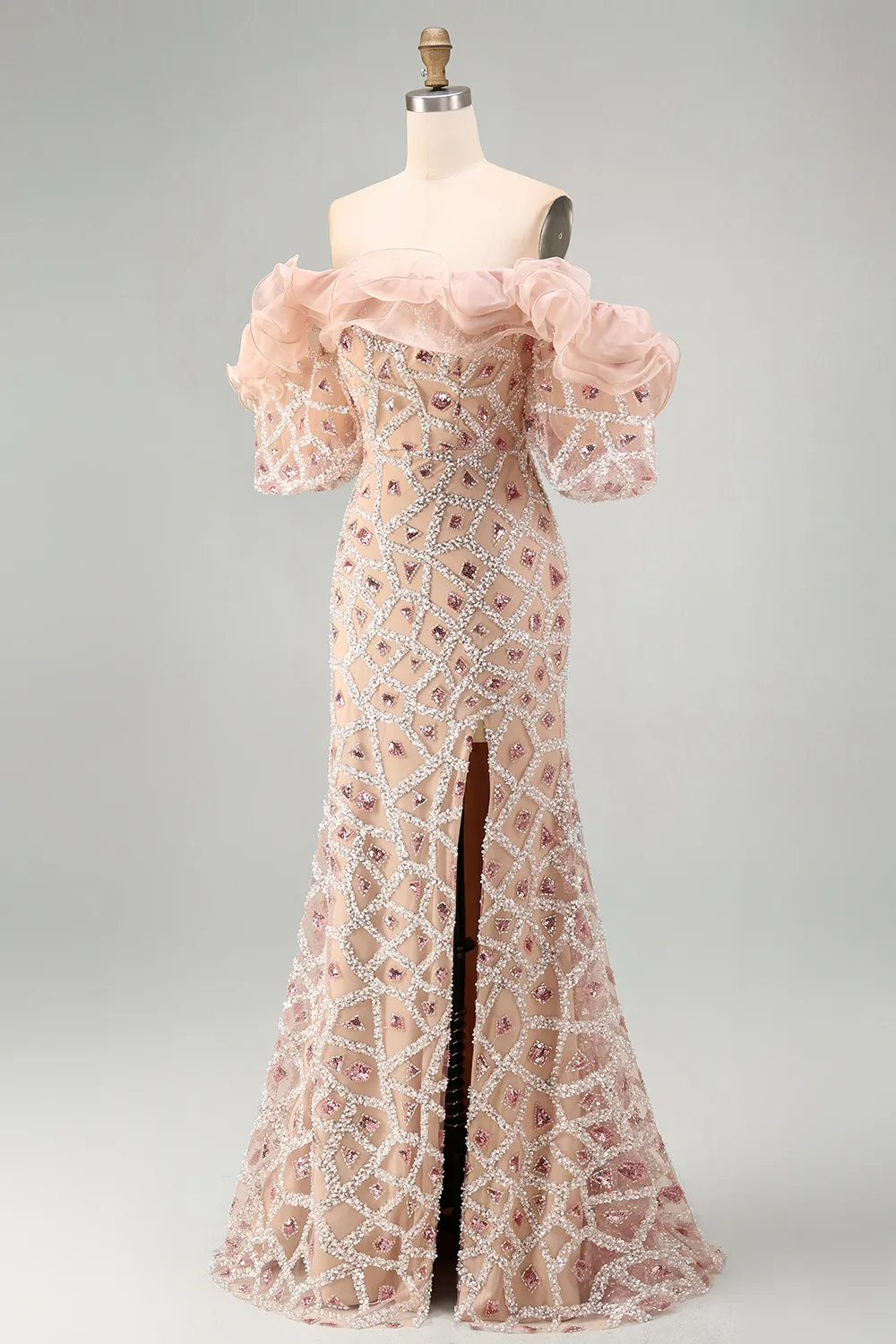 Sparkly Champagne Sequins Mermaid with Ruffles Maxi Dress