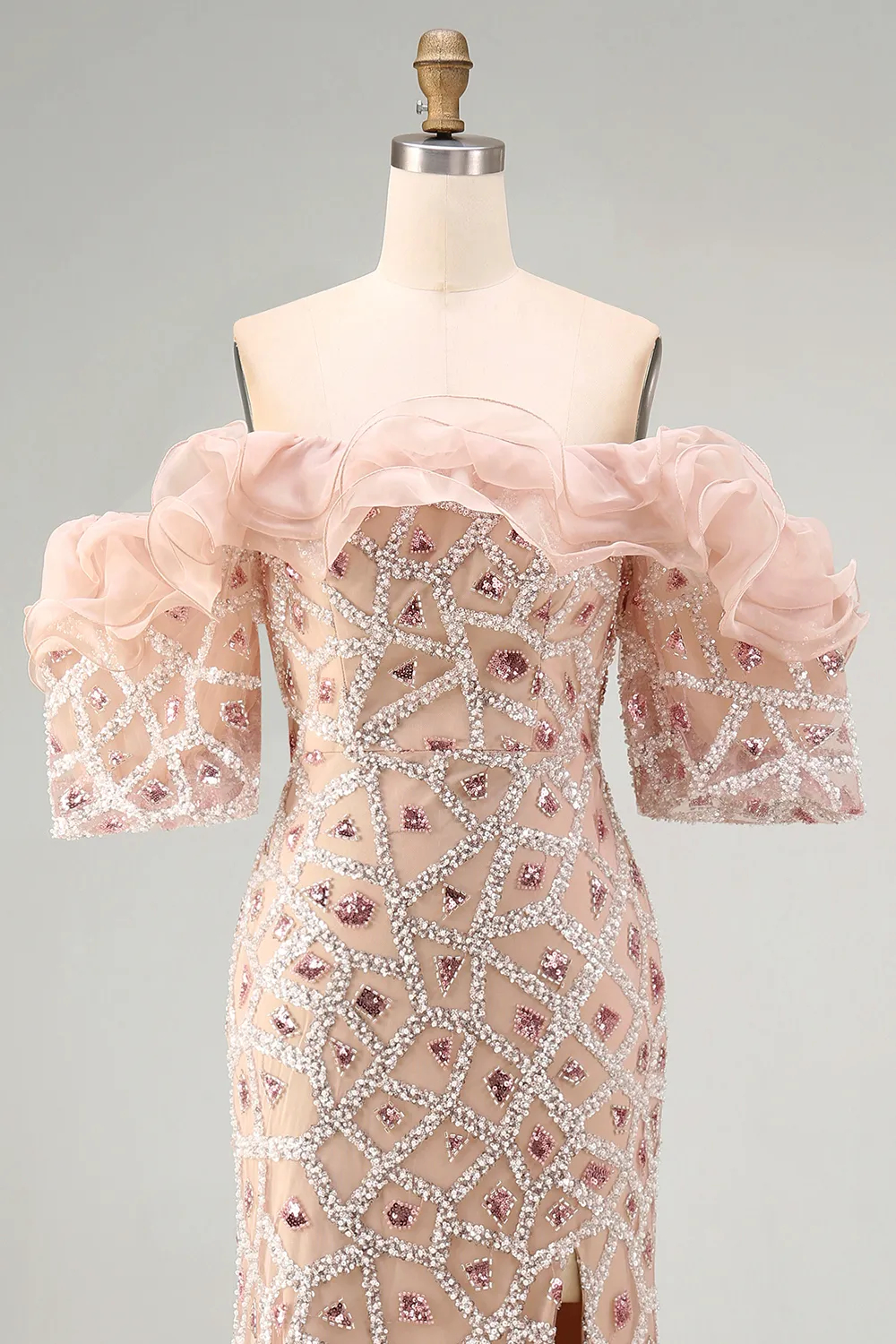 Sparkly Champagne Sequins Mermaid with Ruffles Maxi Dress