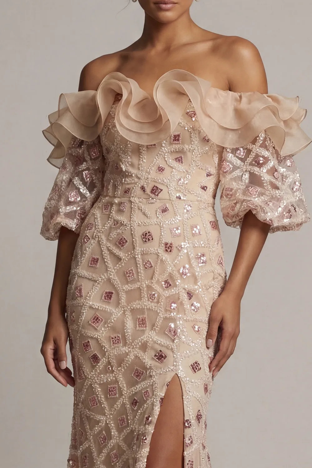 Sparkly Champagne Sequins Mermaid with Ruffles Maxi Dress