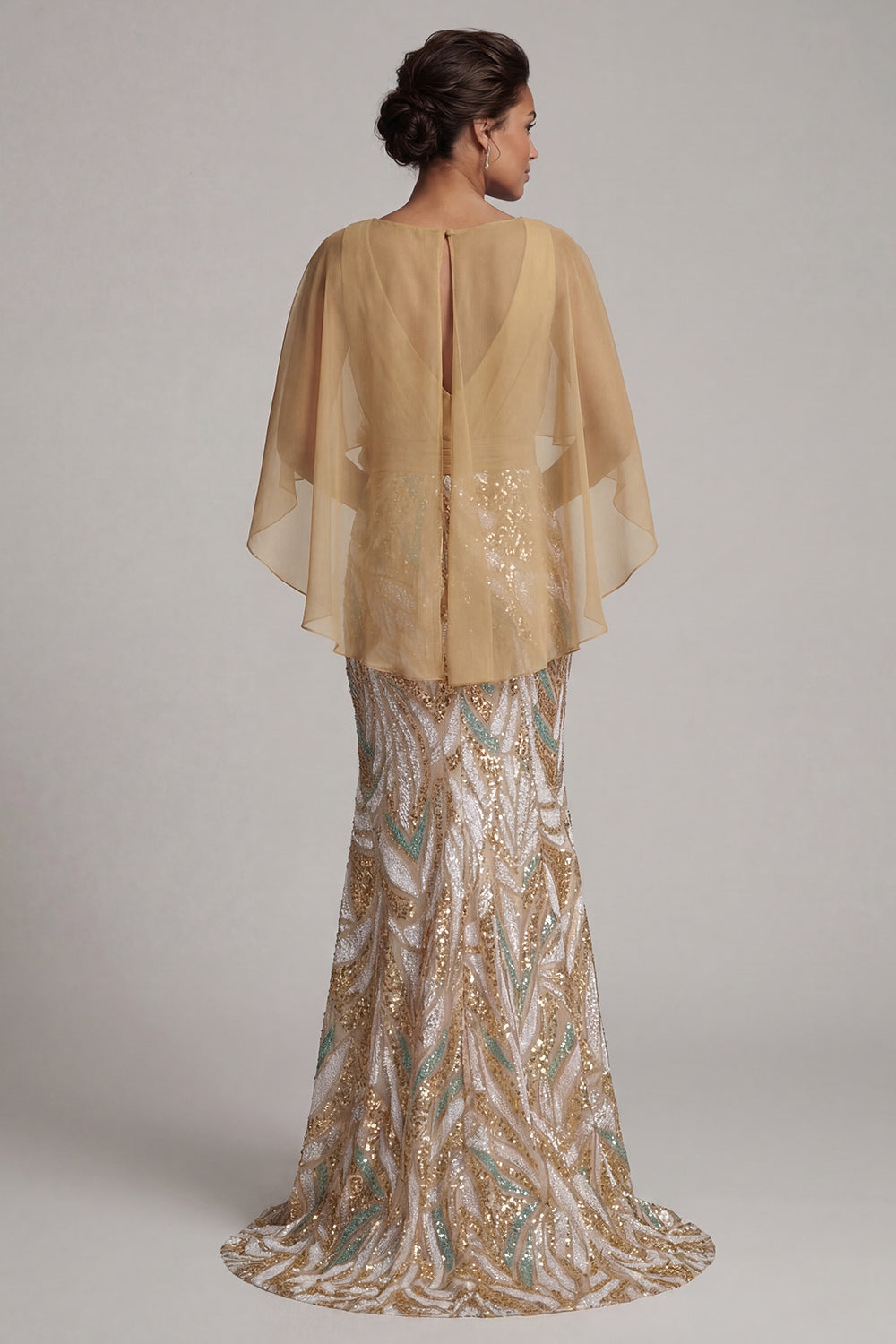 Sparkly Champagne Mermaid Sequins Floral with Cape Maxi Dress