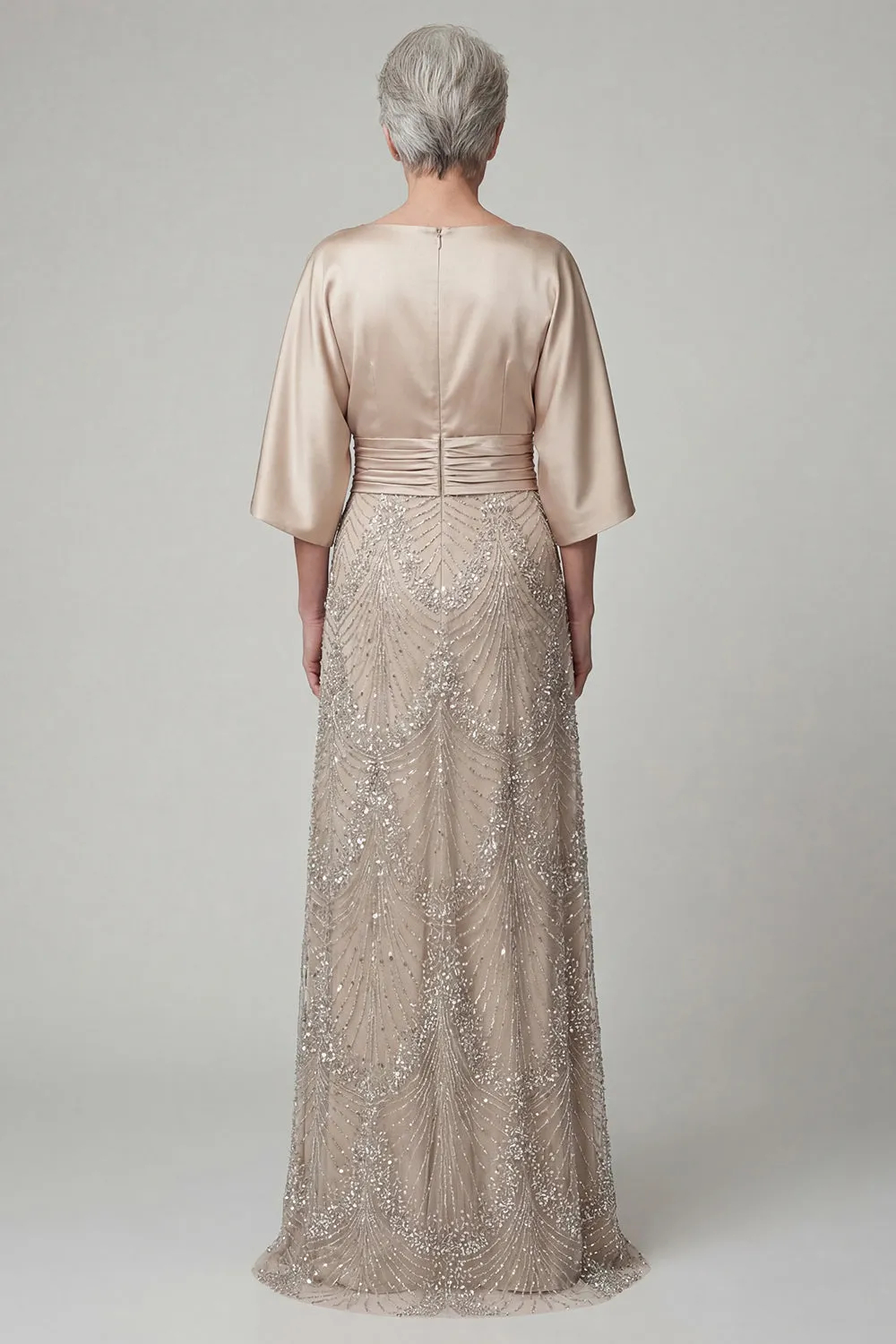 Sparkly A Line Champagne Boat Neck Beaded Maxi Dress