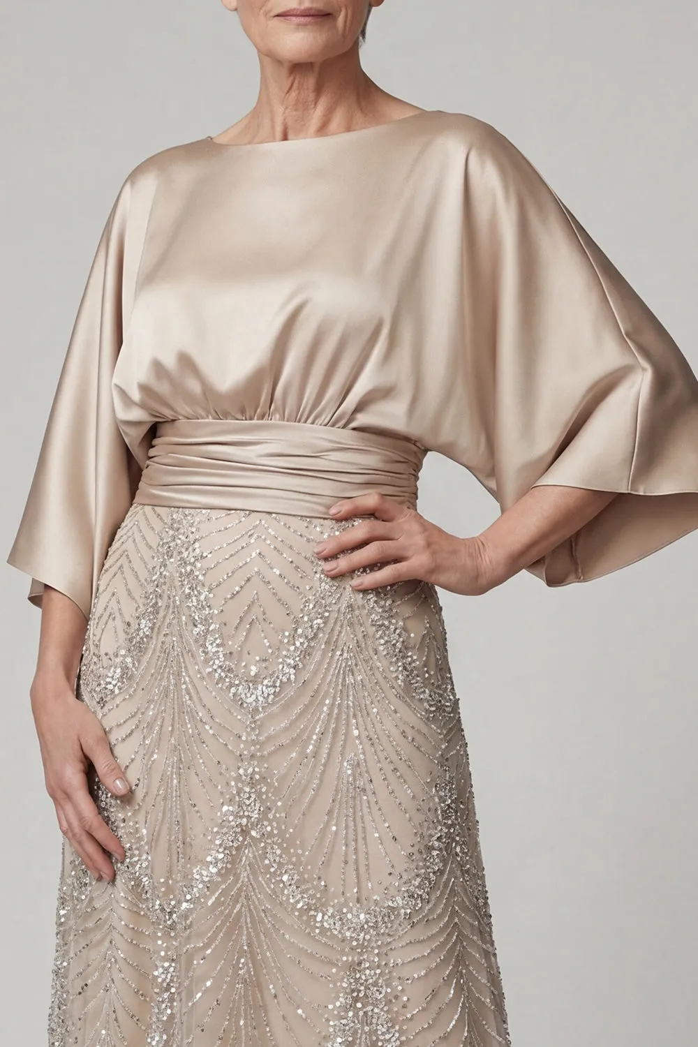 Sparkly A Line Champagne Boat Neck Beaded Maxi Dress