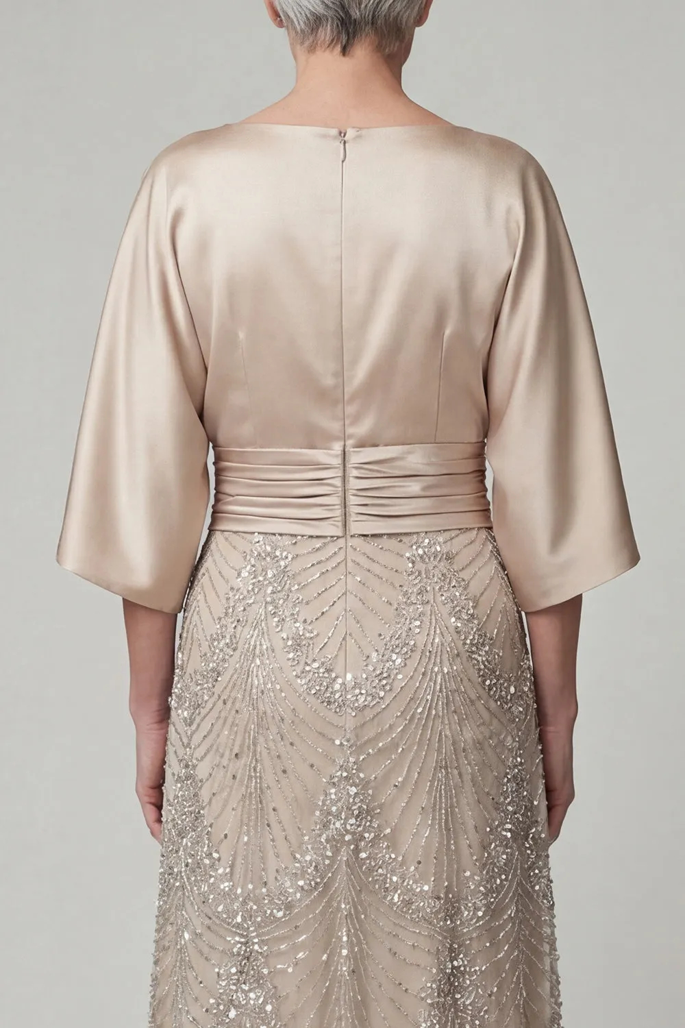 Sparkly A Line Champagne Boat Neck Beaded Maxi Dress