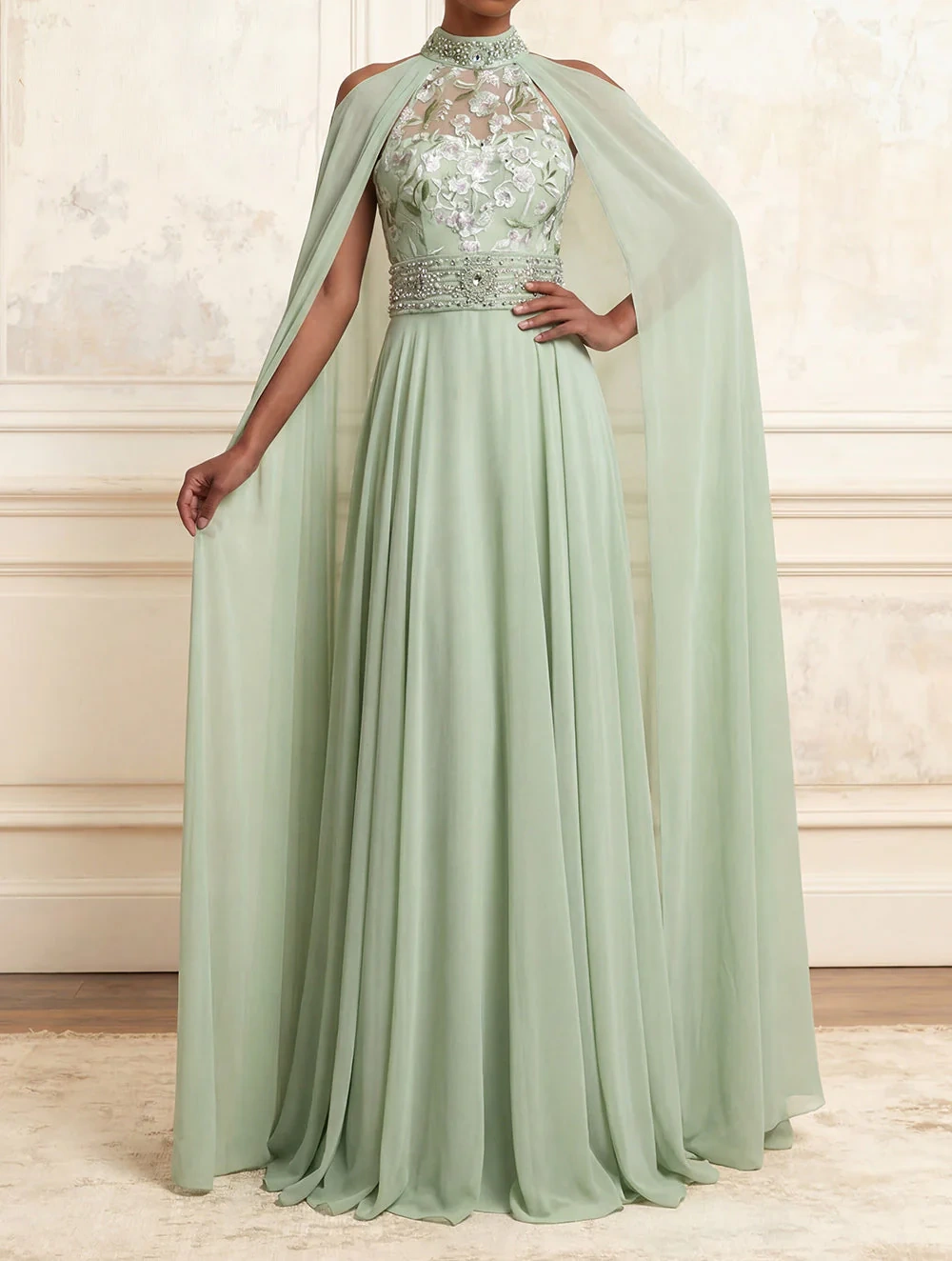 Floral Dusty Sage High Neck Beaded Long A Line Formal Dress with Cape