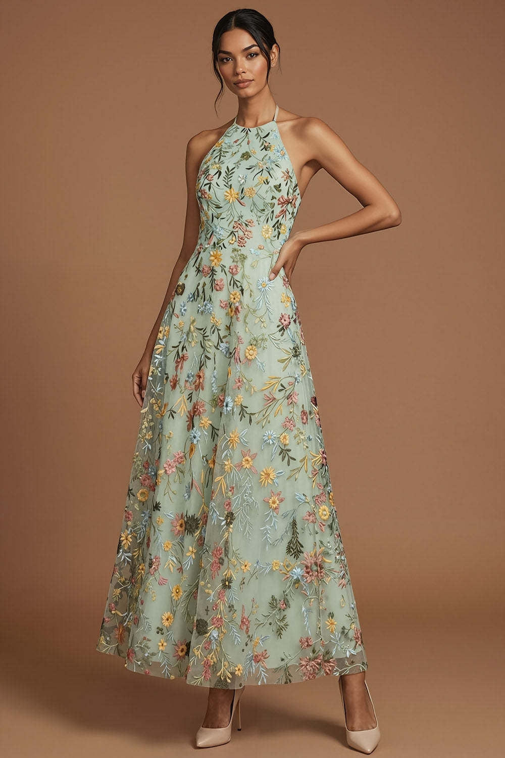 Green Floral A Line Embroidered Halter Neck Long Formal Dress