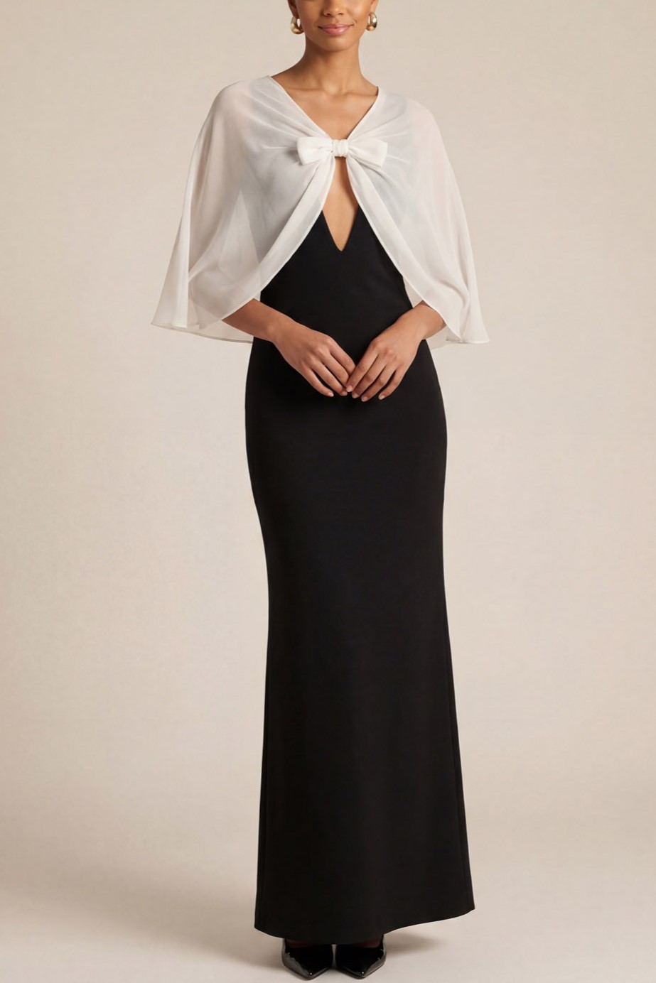 Black Formal Dress Sheath V-Neck Maxi Dress with Cape
