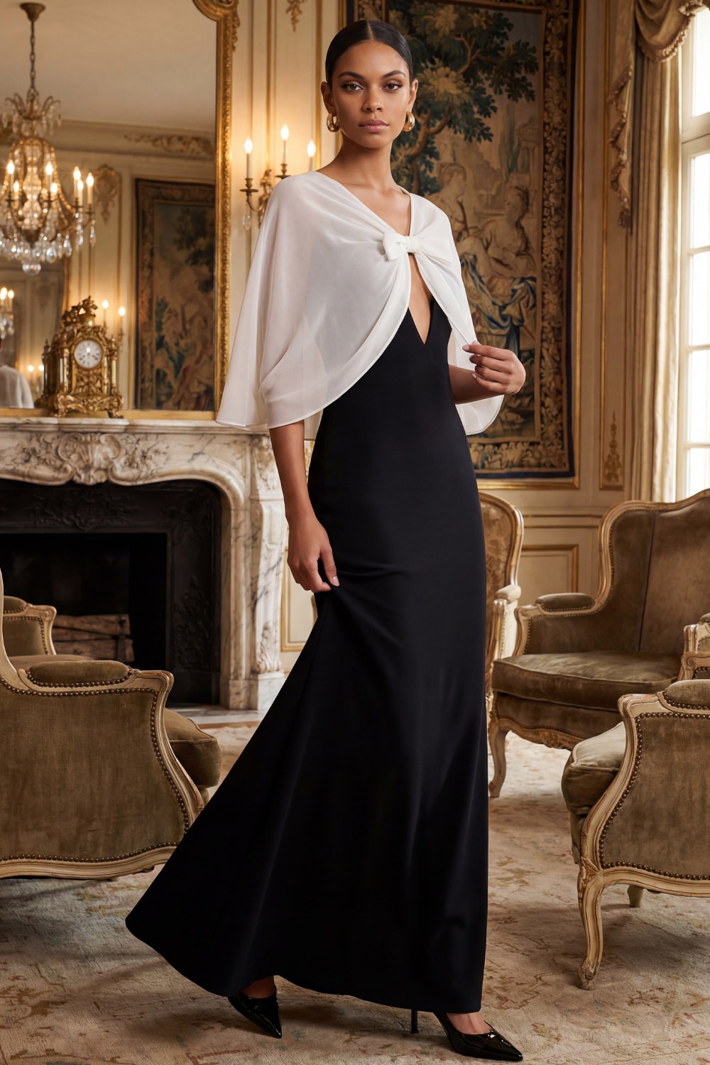 Black Formal Dress Sheath V-Neck Maxi Dress with Cape