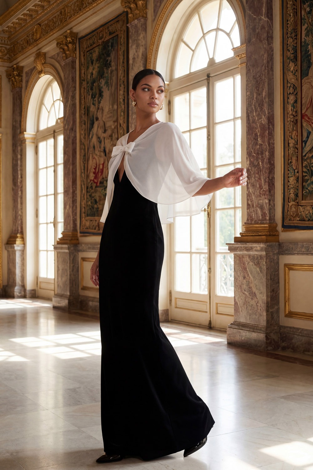 Black Formal Dress Sheath V-Neck Maxi Dress with Cape