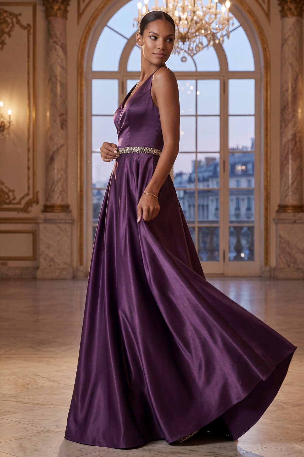 Purple Formal Evening Dress A-Line V-Neck Satin Maxi Dress