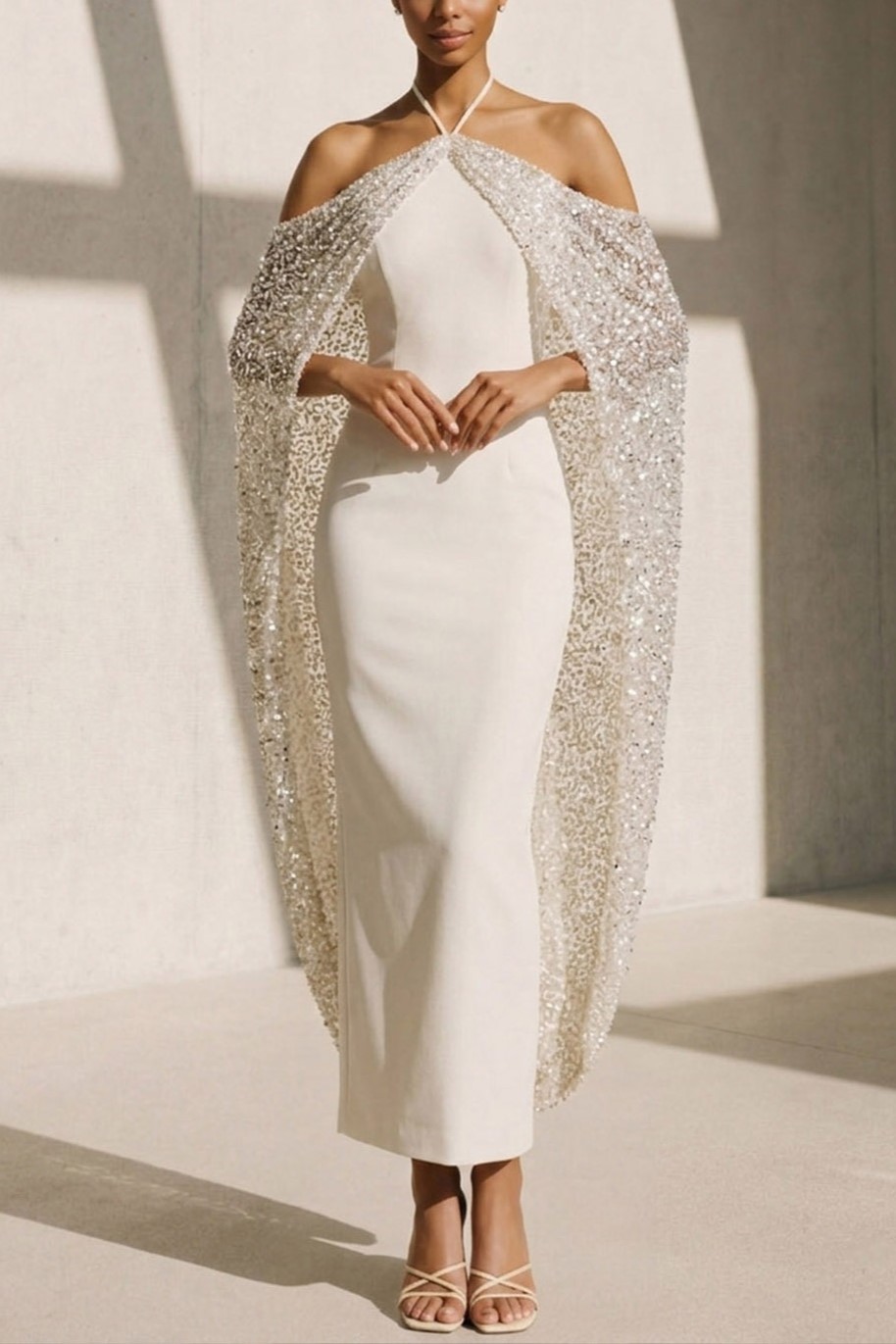 Ivory Formal Evening Dress Halter Satin Maxi Dress with Cape