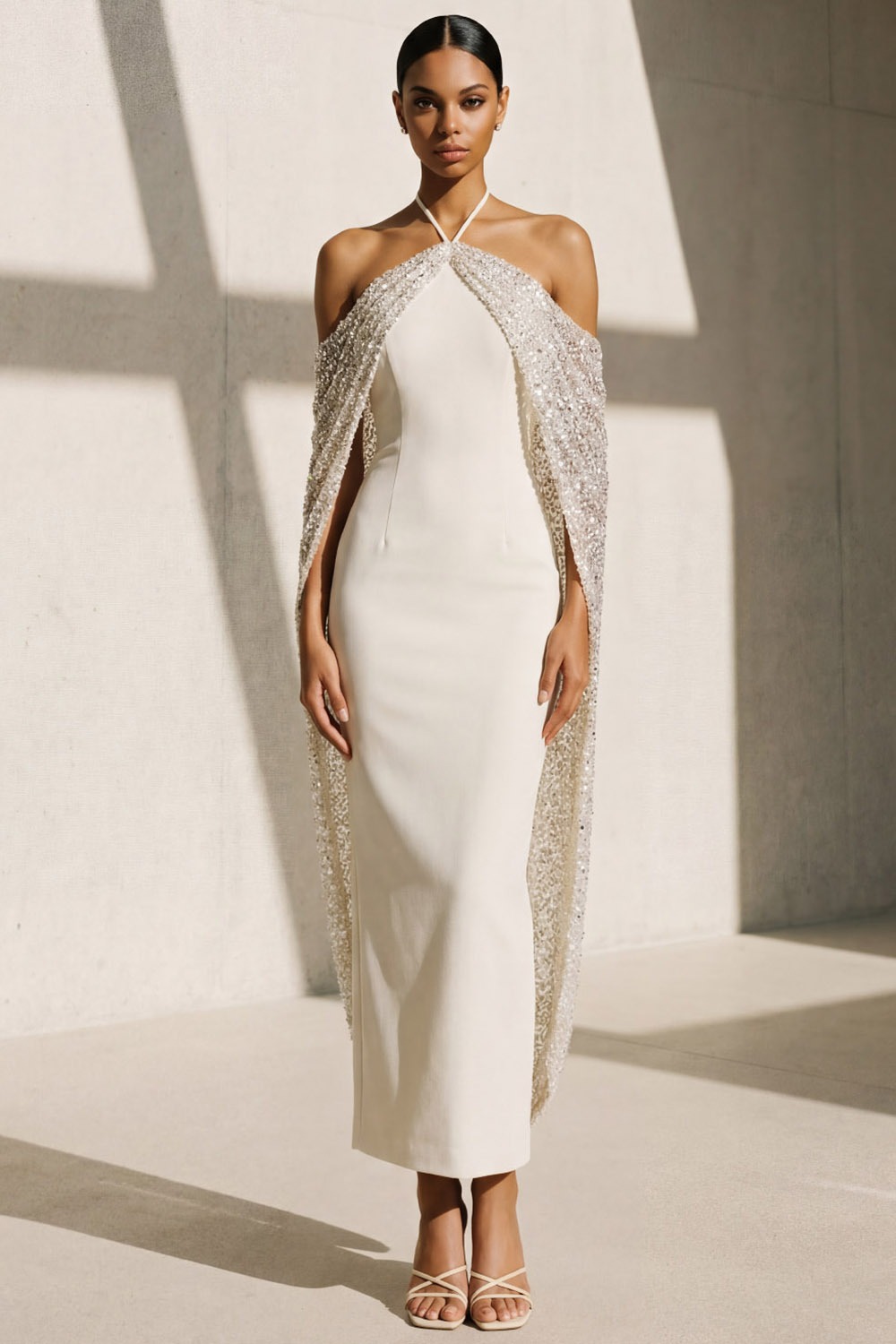 Ivory Formal Evening Dress Halter Satin Maxi Dress with Cape