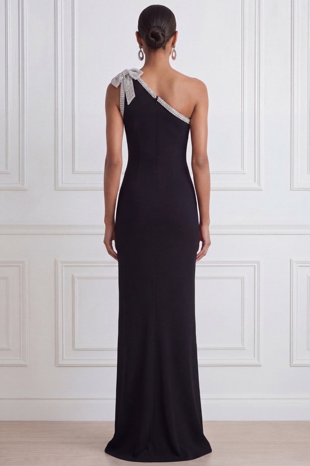 Black Formal Evening Dress Sheath One Shoulder Maxi Dress with Bow