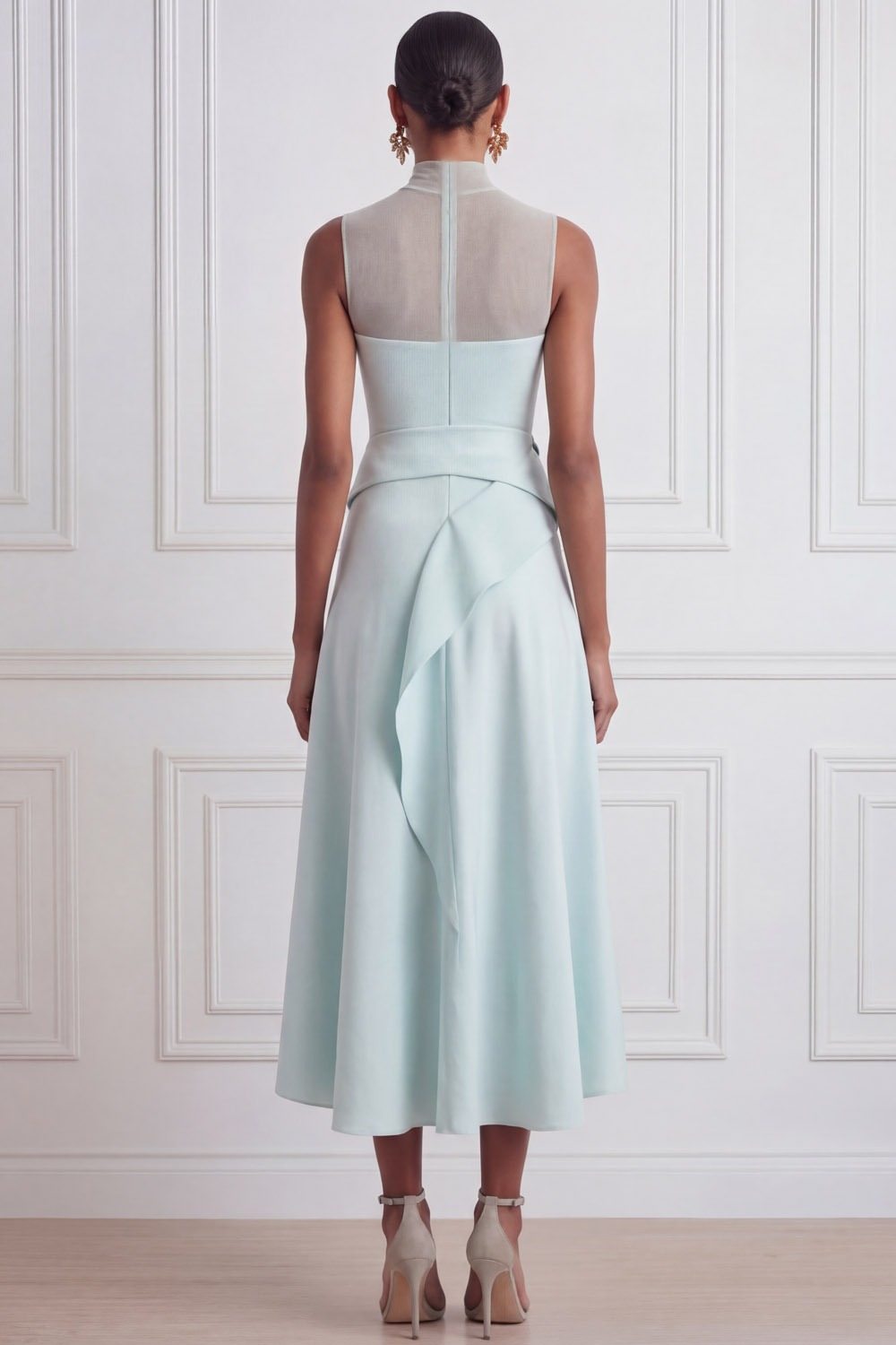 Mint Prom Dress A-Line Illusion Neck Sleeveless Ruffle Midi Dress