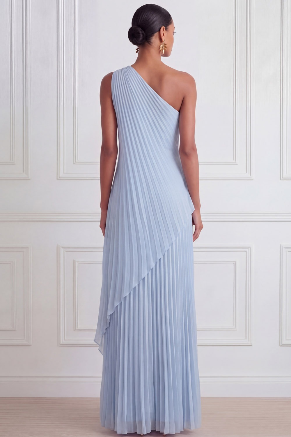 Sky Blue Formal Dress A-Line One Shoulder Pleated Chiffon Maxi Dress