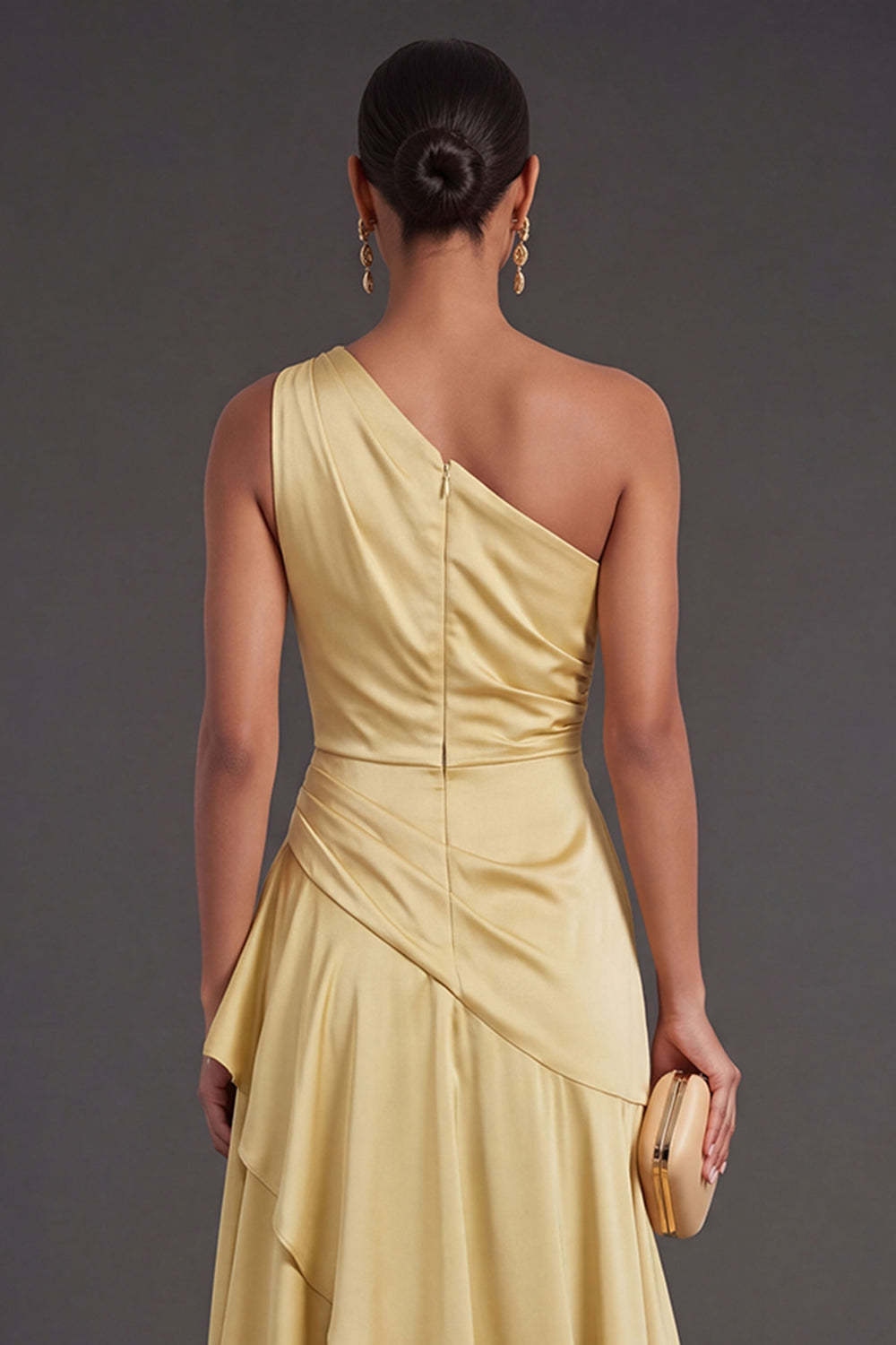 Yellow Ruffled Satin Long Formal Dress