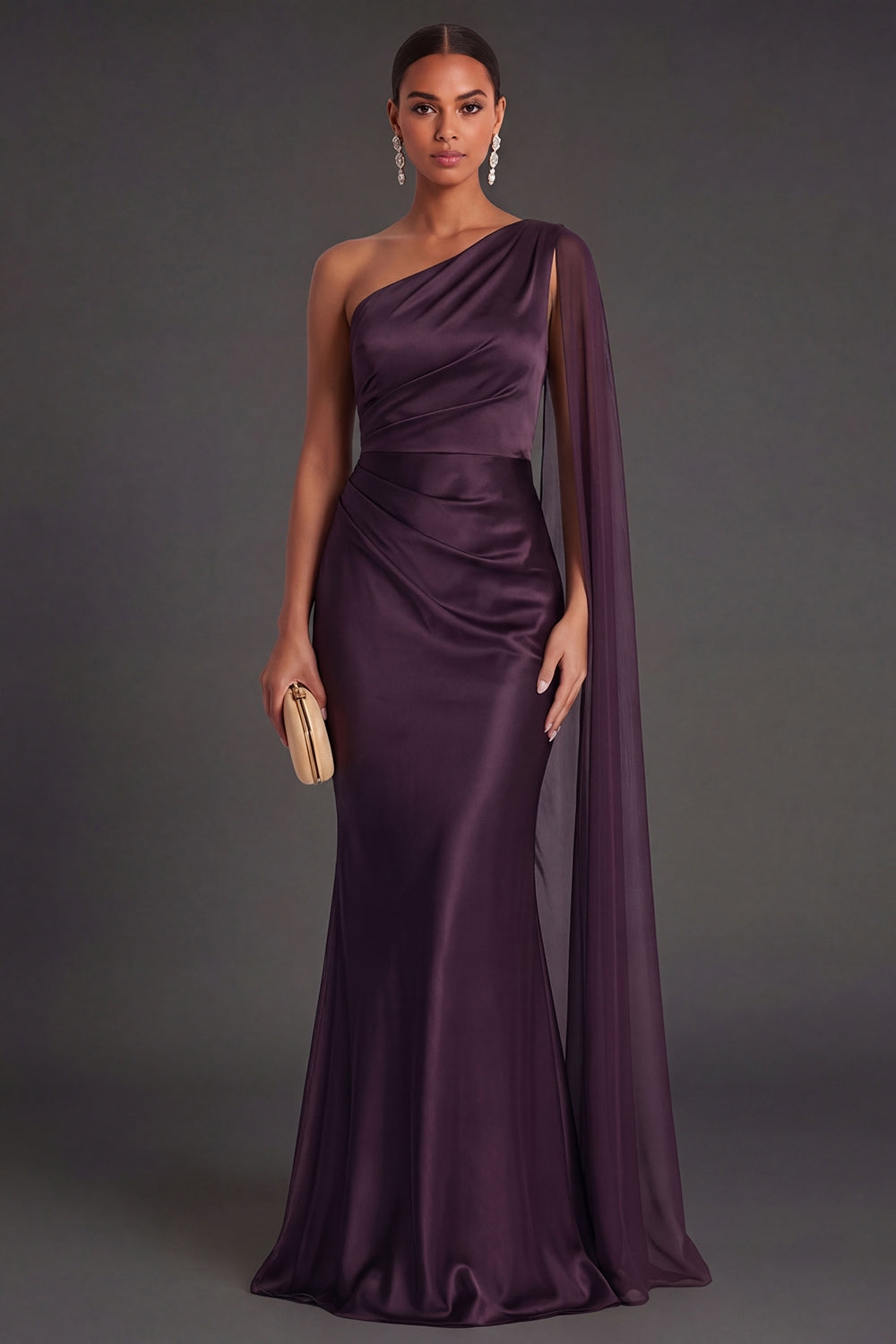 Cabernet Ruched Satin Mermaid Long Formal Dress