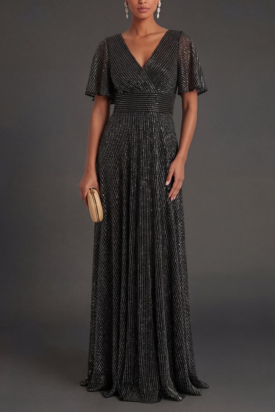 Black Sheath V Neck Short Sleeves Long Formal Dress