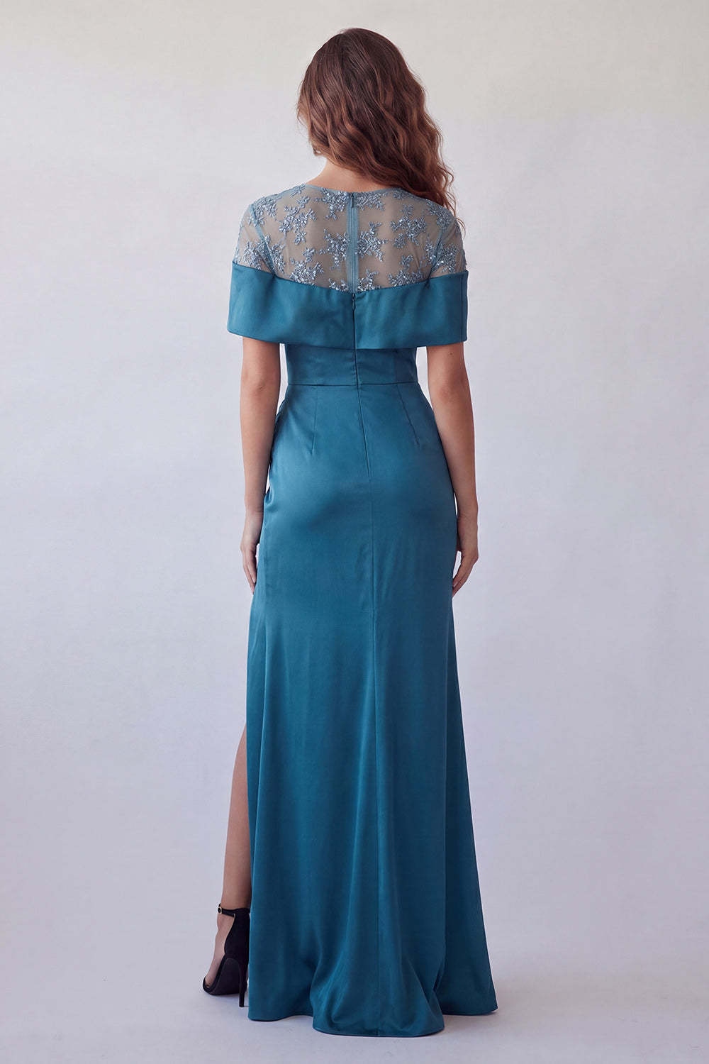 Peacock Blue Mermaid Floral Long Formal Dress with Slit