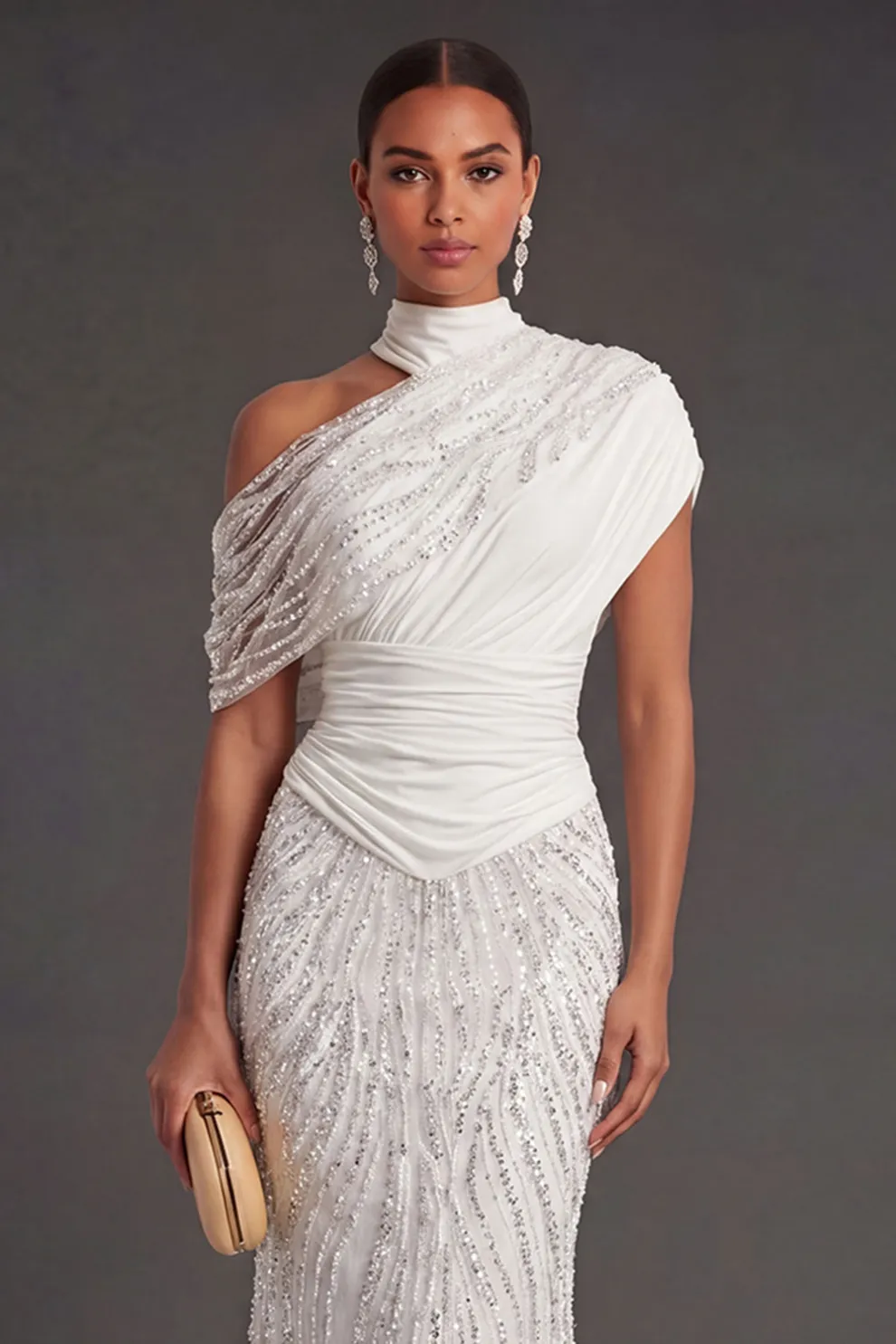 Sparkly Beaded White One Shoulder Long Formal Dress