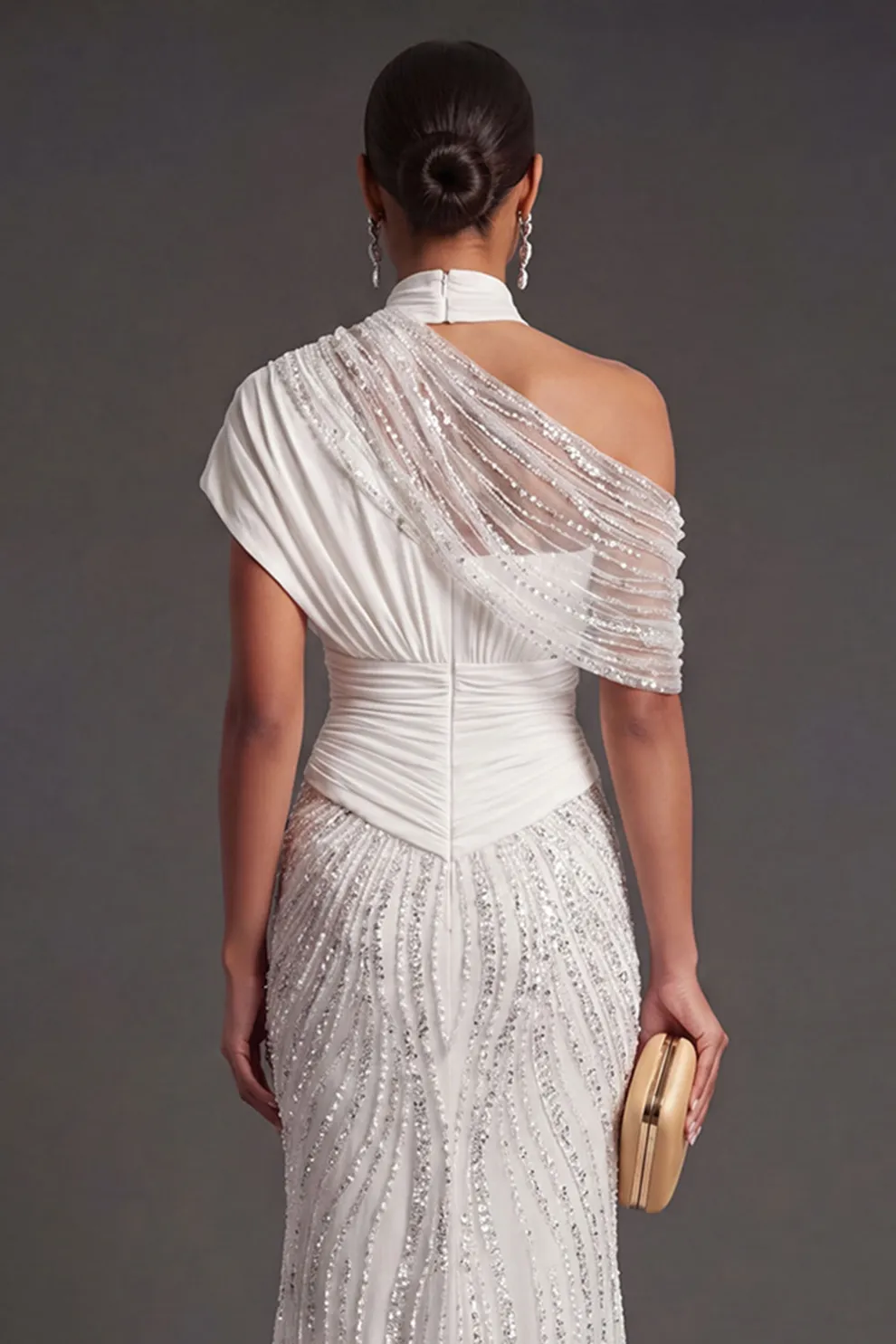 Sparkly Beaded White One Shoulder Long Formal Dress