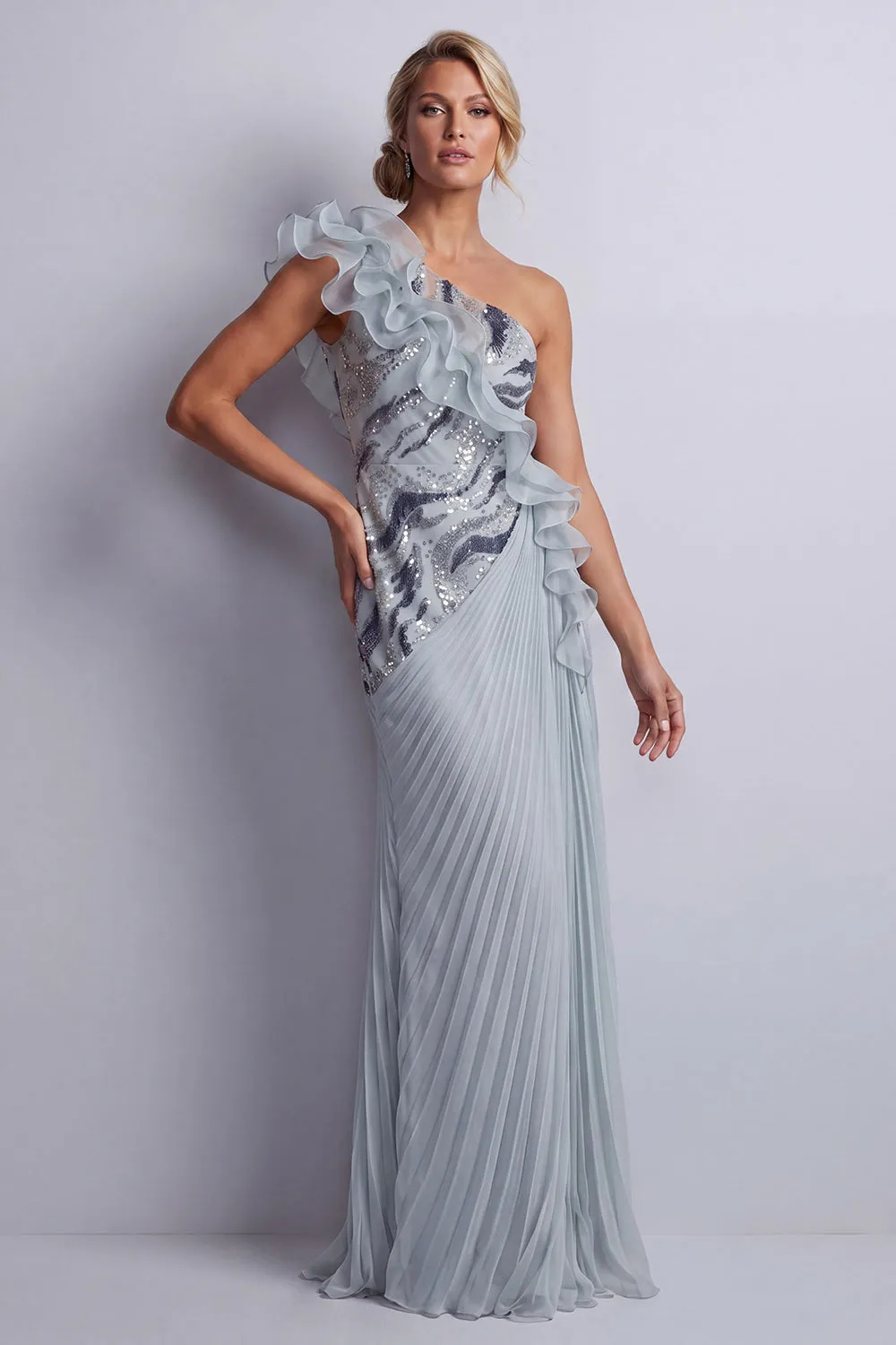 Sparkly Dusty Blue Sheath One Shoulder with Ruffles Maxi Dress