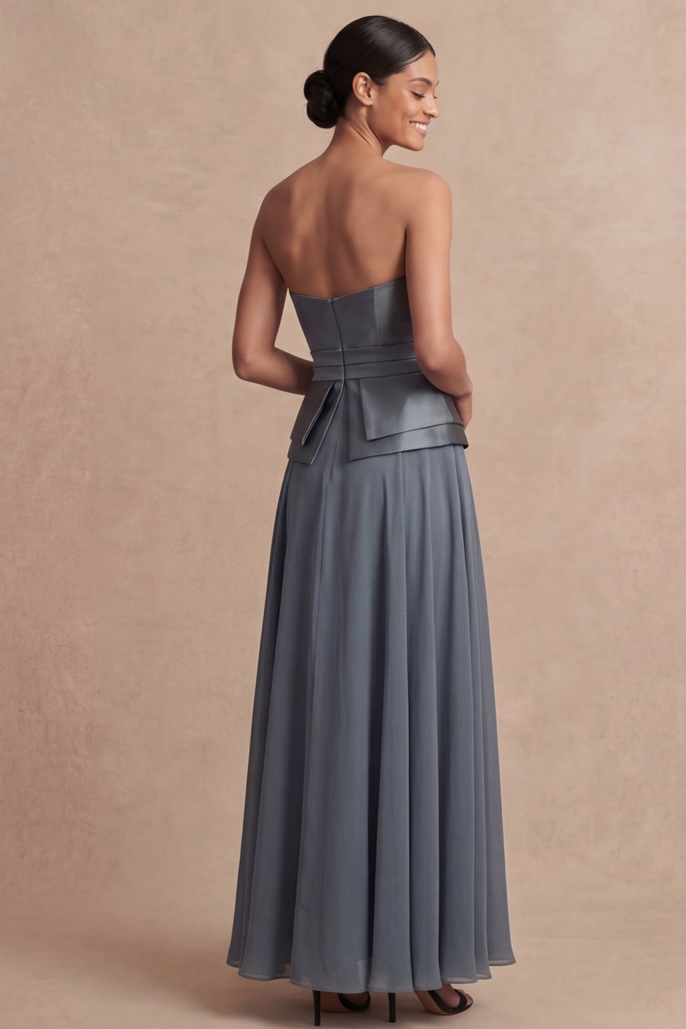 Dusty Blue Wedding Guest Dress A-Line Strapless Satin Maxi Dress