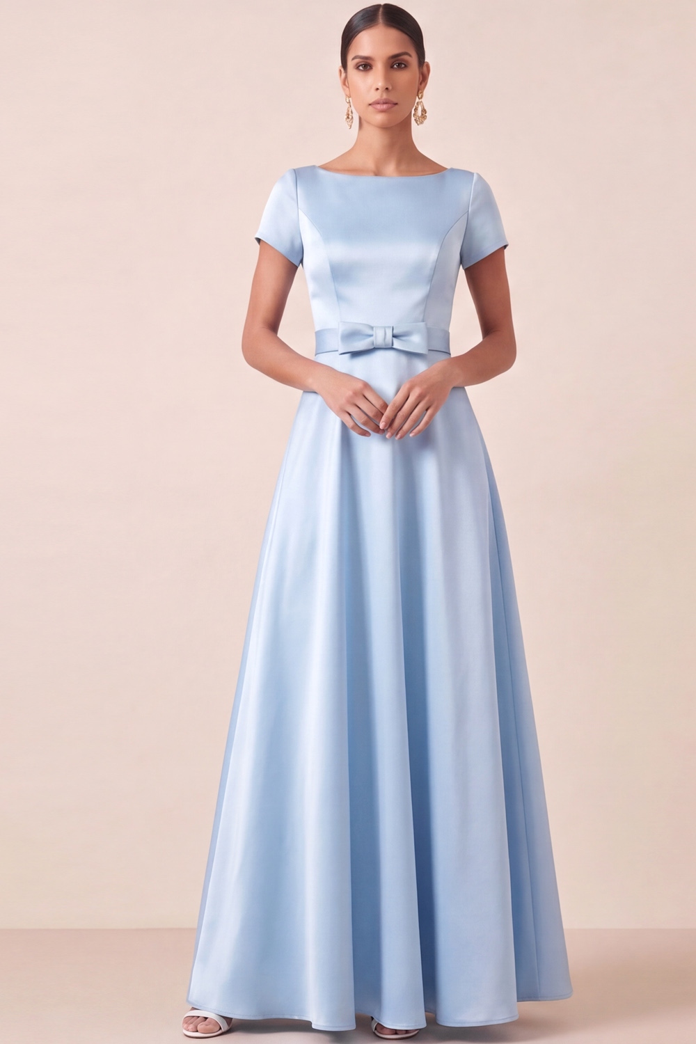 Light Blue A-Line Formal Dress Crew Neck Short Sleeves Satin Maxi Dress