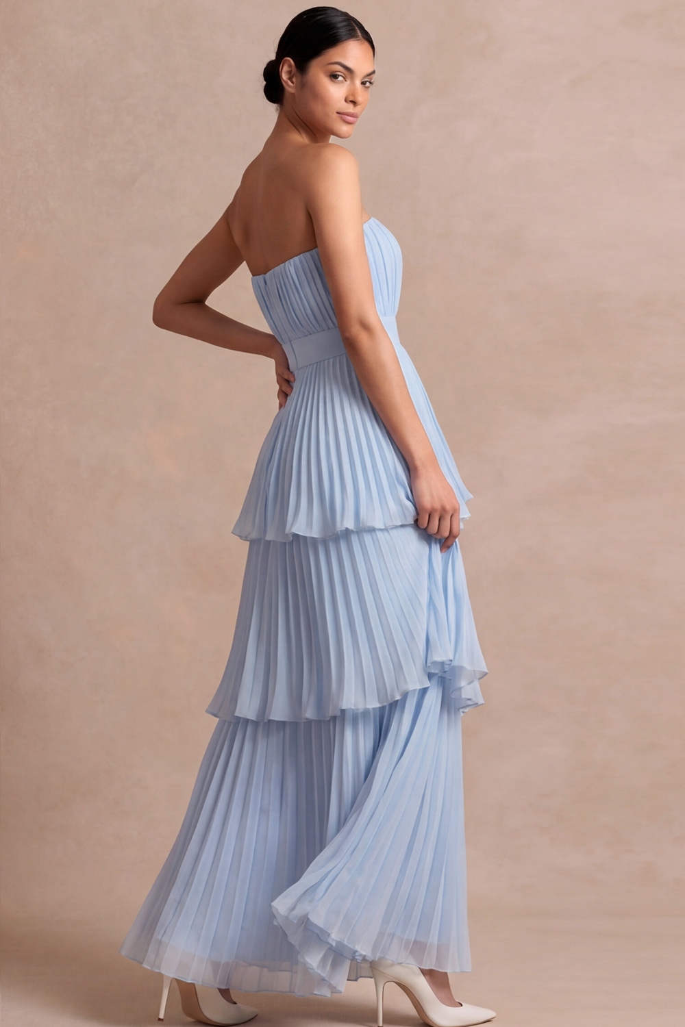 Light Blue ​Wedding Bridesmaid Dress Strapless Tiered Pleated Maxi Dress