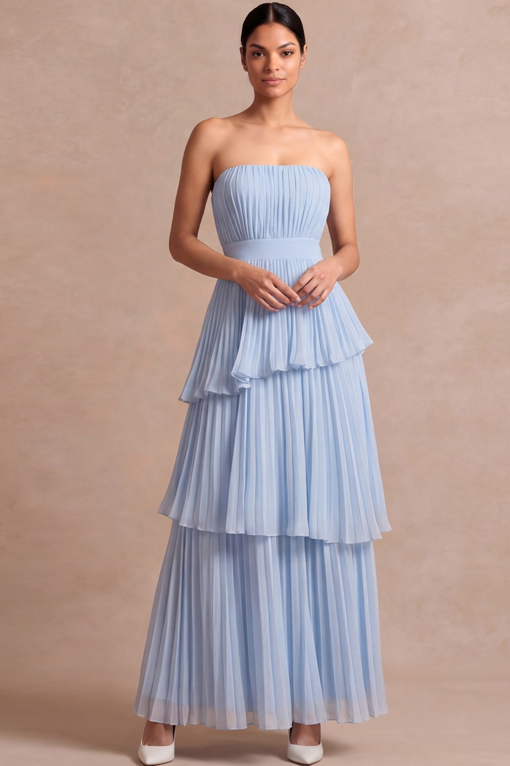 Light Blue ​Wedding Bridesmaid Dress Strapless Tiered Pleated Maxi Dress