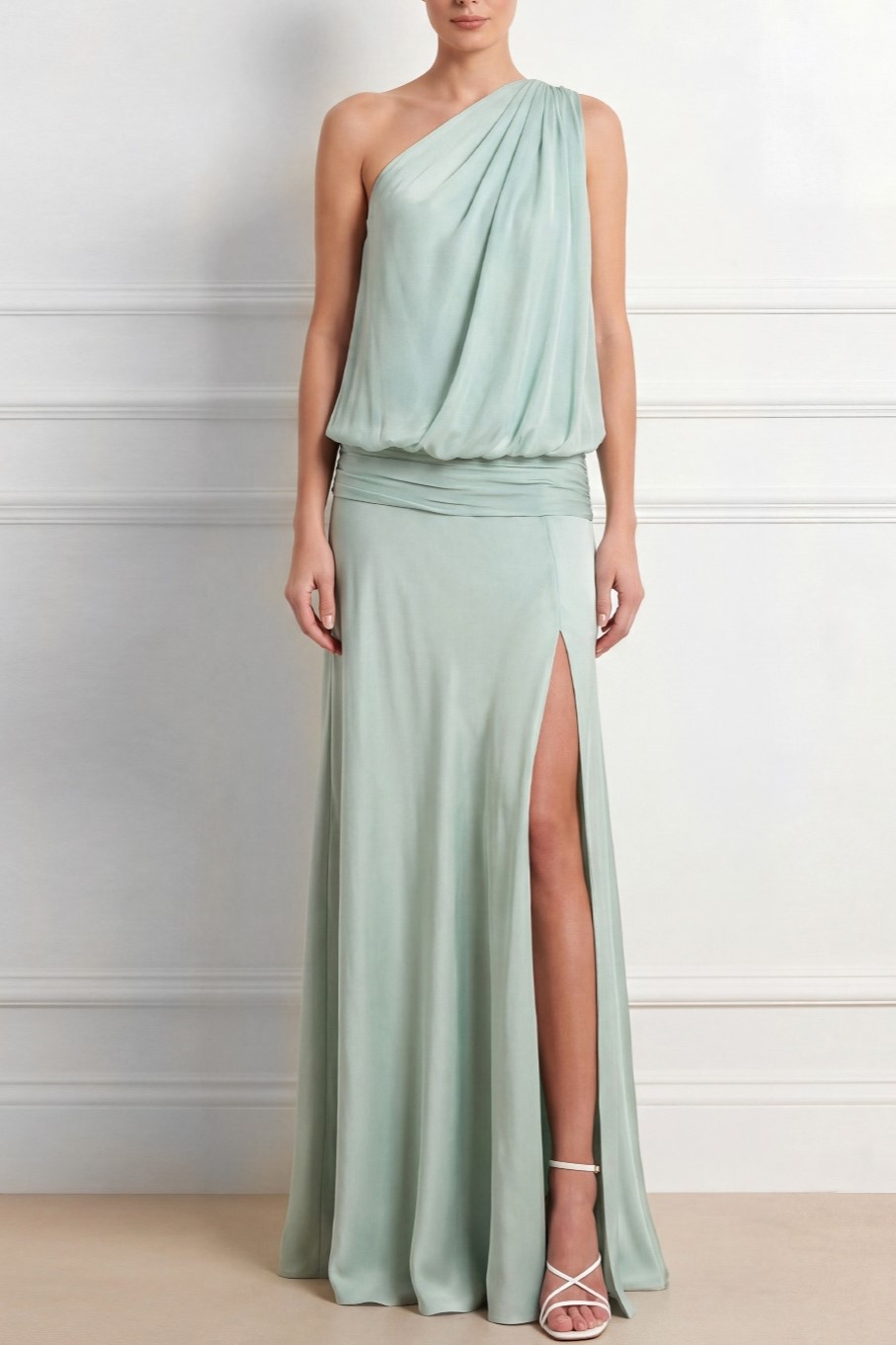 Lake Blue Formal Dress Ruched One Shoulder Chiffon Maxi Dress with Slit